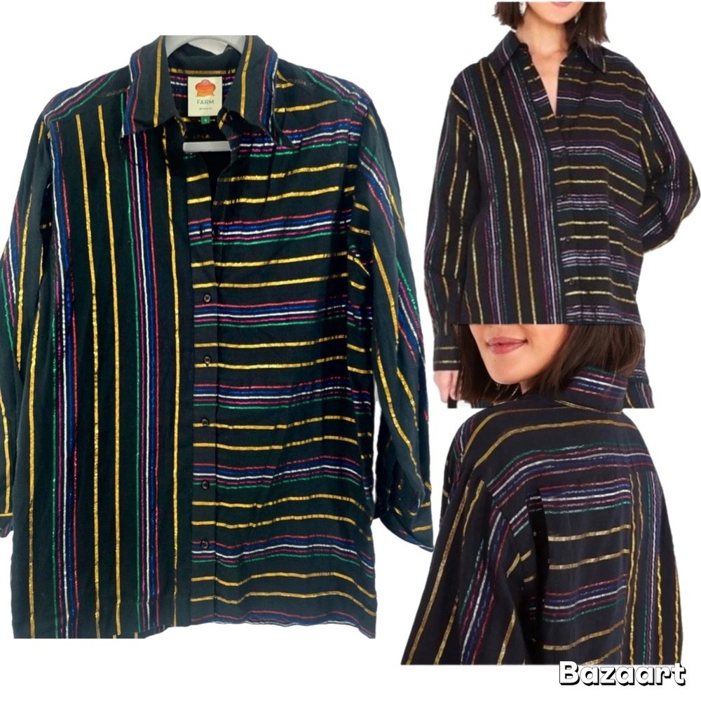 Farm Rio Lurex Long Sleeve Button Front Topβ Blouse Metallic Stripe